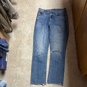 MOTHER Blue Straight Leg Jeans with Distressed Knee